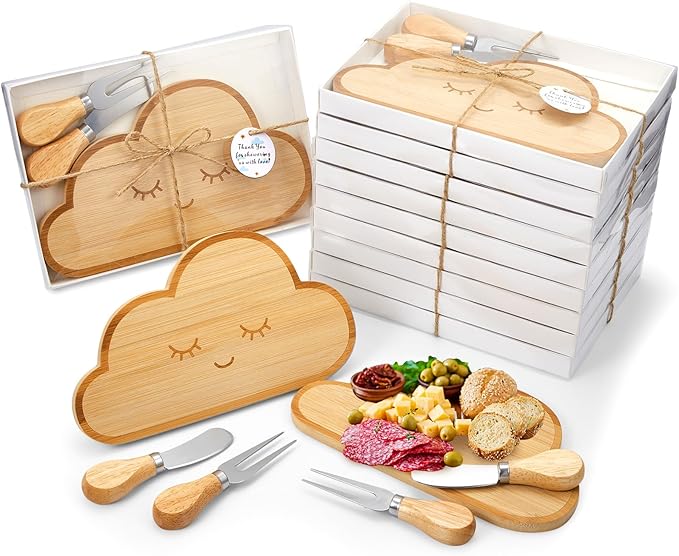 Ziliny 12 Set Baby Shower Party Favors Mini Cheese Cutting Board Cloud Shaped Small Charcuterie Board with Knives Forks Thank Tags with Gifts Box Ropes for Gifts Birthday Wedding Party Baby Shower