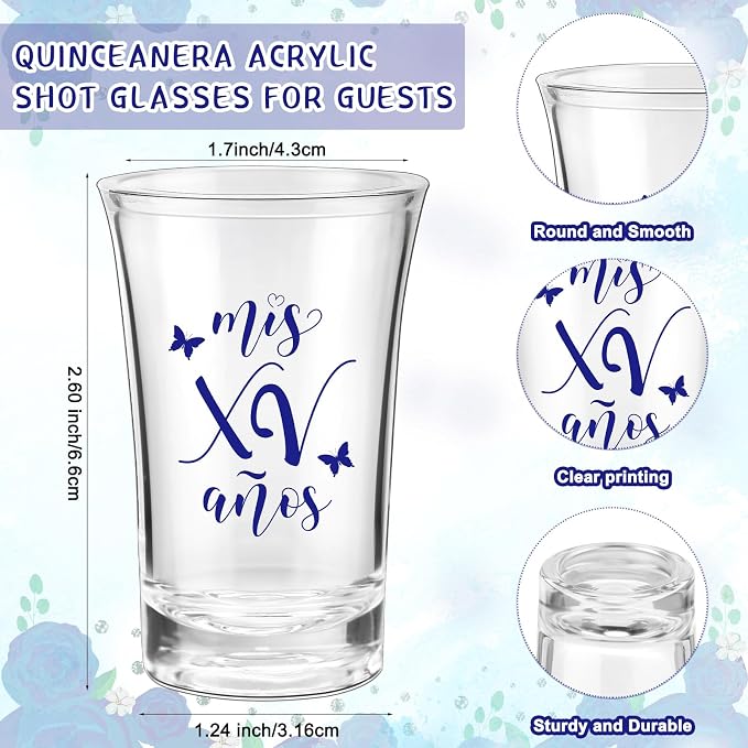 Havawish 25 Sets Quinceanera Party Favors for Guests Quinceanera Acrylic Clear Personalized Shot Glasses Thank You Cards with Organza Bags Mis Xv Años Sweet 15 Birthday Party Favors (Blue)