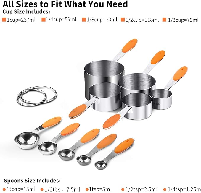 U-Taste 10 Piece Measuring Cups and Spoons Set in 18/8 Stainless Steel, and 600ºF Heat Resistant 13 inch Large Non-Stick Silicone Soup Ladle (Orange)