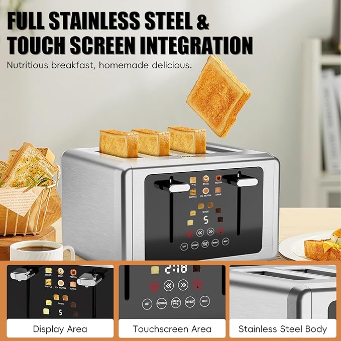 Whall 4-Slice Smart Toaster with Touchscreen & Extra-Wide Slots, Dual Independent Control, 6 Browning Levels & 6 Bread Types, Memory Function,Countdown Timer, Ideal Kitchen Gift
