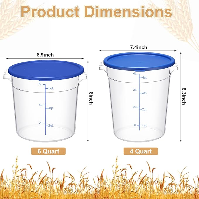 Suclain 4 Set 6 Quart 4 Qt Round Food Storage Containers with Lids Clear Proofing Container for Dough Bread with Scale Handle Home Restaurant Commercial Food Storage(Blue)