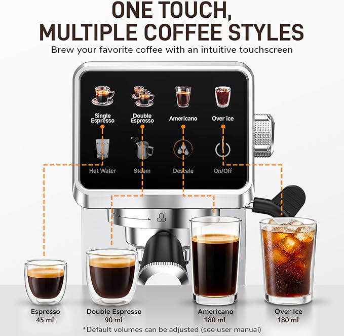 Mecity 20 Bar Espresso Machine with Milk Frother, Touchscreen Coffee Maker for Espresso, Americano & Over Ice Coffee, Compact Stainless Steel Latte & Cappuccino Maker