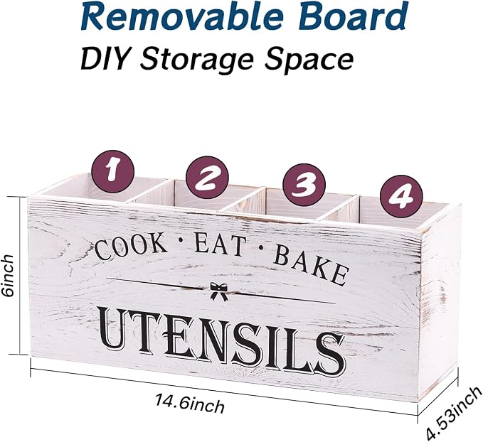 Kitchen Utensil Holder for Counter or Countertop, Extra Large Wood Organizer with 4 Compartments, Wooden Storage for Cooking and Silverware, Rustic Minimalist Decor, Sturdy Utensil Crock-White