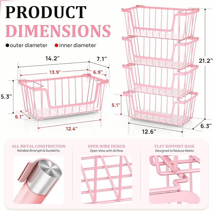SUNALLY Stackable Storage Bins 6 Pcs Wire Baskets for Pantry Organizers and Storage, Vegetable Fruit Storage Basket for Countertop Organizer,Kitchen Storage Baskets for Onion Potato Snack,Pink