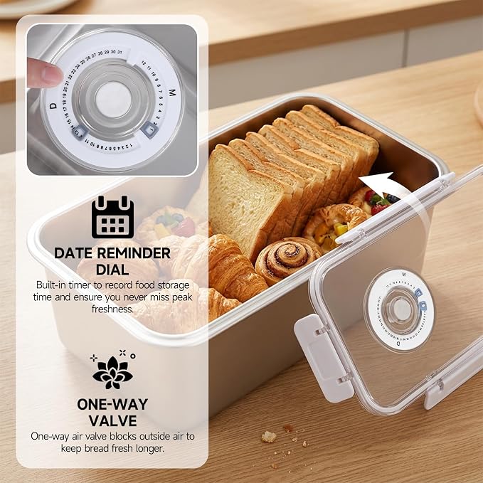 Bread Storage Box for Kitchen Countertop, Large Capacity Stainless Steel Breadbox, Bread Container Holder with Airtight See Through Time Recording Lid for Homemade Loaf, Toast, Bagel, Cookies