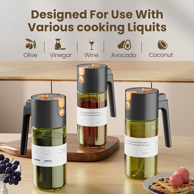 LAKUMIQI 2 in 1 Oil Sprayer for Cooking, 17oz Light-Blocking Glass Spray Bottle with Stickers, Oil Dispenser for Salad, Air Fryer & BBQ