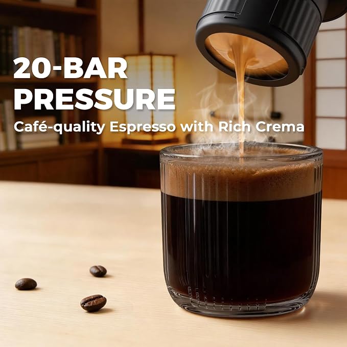 HAUSHOF Portable Electric Espresso Machine, 20 Bar Fast Heat-Up Travel Coffee Maker, USB-C Rechargeable Compatible with Ground Coffee & NS Capsules, for Car, Camping, RV, Hiking & Office