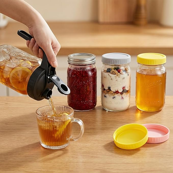 CycleMore 32 oz Wide Mouth Mason Jars with Airtight Metal Lids, 6-Pack Canning Jars with Colorful Plastic Lids & Pitcher Lid, Quart Jars for Overnight Oats, Pickling, Cold Brew, and Sun Tea
