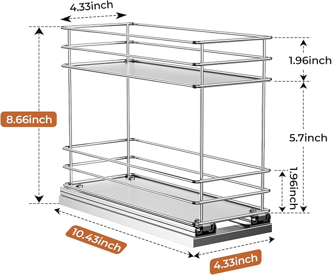 Mystozer Pull Out Spice Rack Organizer for Cabinet, Slide Out Spice Racks, Easy to Install, 4.33" Wx10.43 Dx8.66 H, 1 Drawer 2 Tiers(Silver)