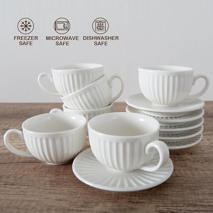 2 oz Espresso Cups Set of 6, Ceramic Cappuccino Cups with Saucers, Stackable Coffee Cup for Macchiato, Double shot, Tea, Coffee Lover Gifts, White