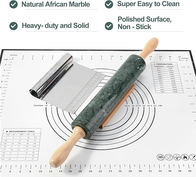 Koville Indian Natural Marble Rolling Pin, Non-Stick Polished Dough Roller, Pasta, Dumpling, Fondant, Pie Crust, Bread, Pizza Dough, Kitchen Baking Pastry Tools with Mat/Scraper(Indian Green)