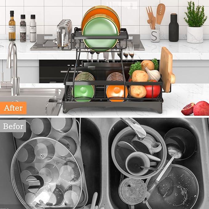 Godboat Sponge Holder for Kitchen Sink, Dish Drying Rack with Auto-Drain, Dish Racks for Kitchen Counter, Glass Rack for 4 Cups, 360° Swivel Spout, Kitchen Sink Organizer with Brush Holder
