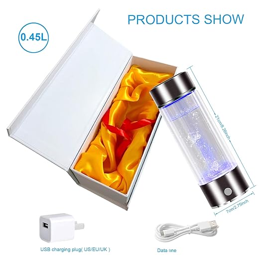 Hydrogen Rich Water Generator Ionizer Maker Cup Portable Cup Filter, 450ML Bottle PHHS Technology Ionizer, USB Rechargeable Anti Aging Antioxidant Glass Bottle (Silver & Blue)