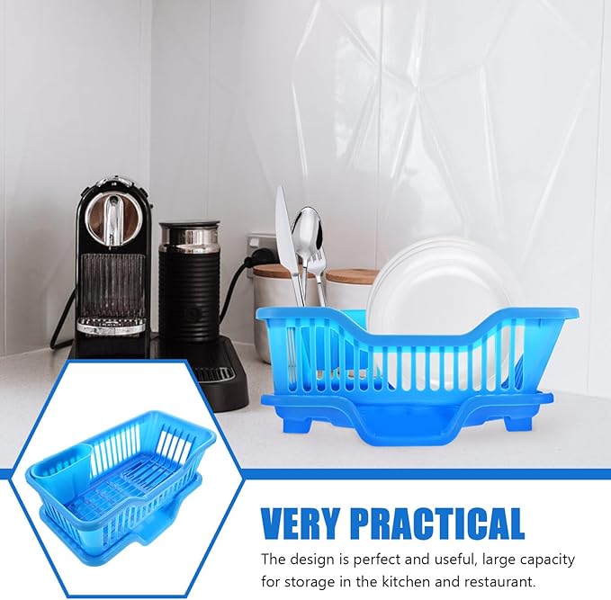 IMIKEYA Sink Dish Rack Drainer Plastic Dish Drying Draining Rack Over The Sink Kitchen Tableware Drying Basket with Cutlery Holder for Kitchen Counter Blue