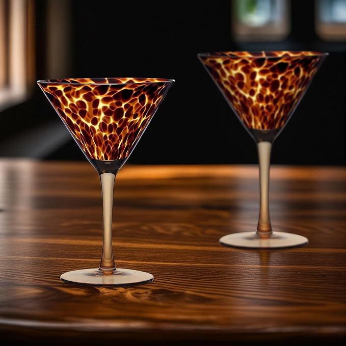 Honeydak Set of 6 Tortoise Leopard Print Martini 7oz Brown Rocks Glasses Stylish Stemless Cocktail Cups Glass Glassware Tumbler Ideal for Gin, Tequila, Vodka, Soft Drinks