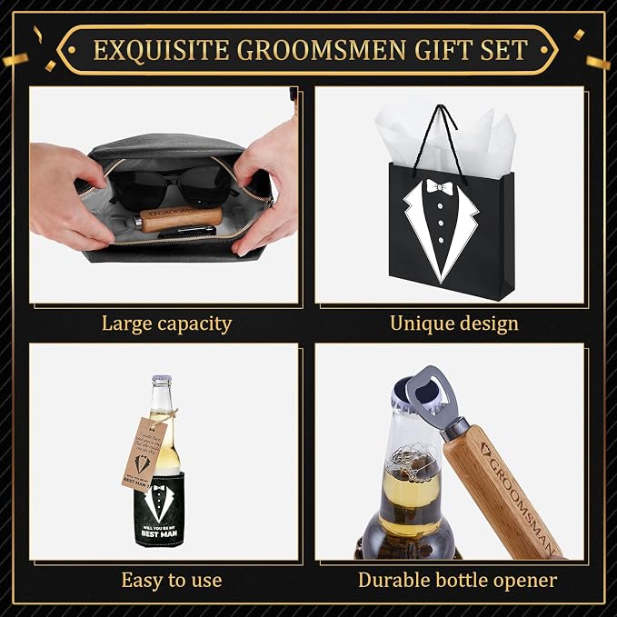 70Pcs Groomsmen Gifts Groomsmen Proposal Box with Shot Glasses Socks Sunglasses PU Leather Toiletry Bag Bottle Opener Can Cooler Groomsman Gifts for Wedding Groomsmen Best Man Gift (70, Black)