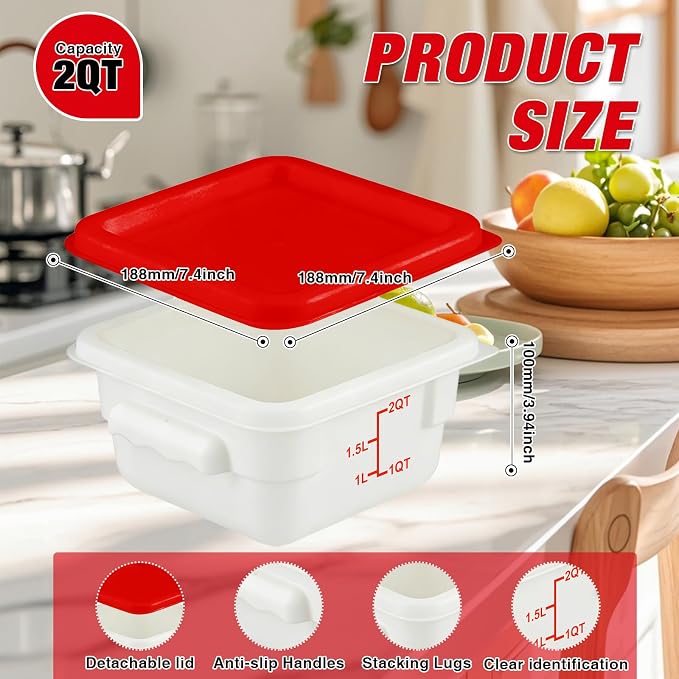 Square Food Containers with Lids 4-Pack, Commercial Grade Plastic Bins for Restaurant Kitchen Pantry Storage, Freezer & Dishwasher Safe (Red, 2QT-4PACK)
