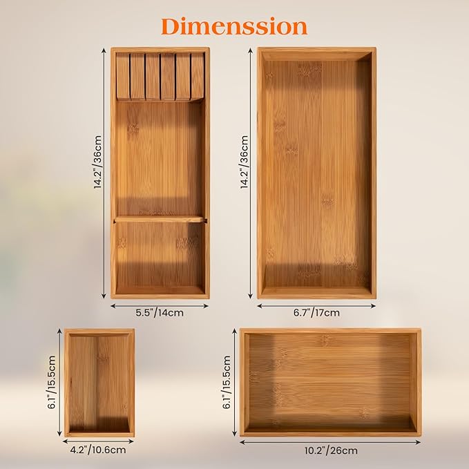 Piklohas Carbonized Bamboo Kitchen Silverwar Drawer Organizer,14.2 inch Length Natural Utensil Flatware Organizers Tray Storage for Spoons Forks & Knives