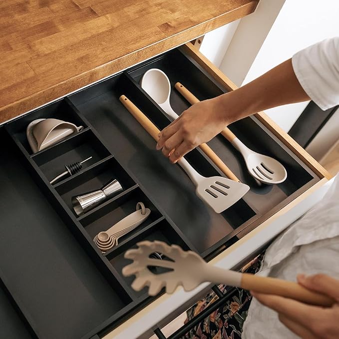 KitchenEdge Adjustable Kitchen Drawer Organizer for Utensils and Junk, Food-Safe Contract Grade with 100% Sustainable Wood, Expandable from 19 to 33 Inches Wide - Black Bamboo