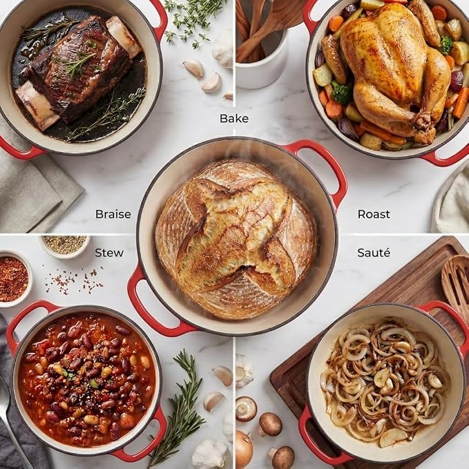 Zulay Kitchen 6.4QT Enameled Cast Iron Dutch Oven Pot with Lid, Heat Pad & Trivet, Heavy-Duty Soup Pot for Stews, Braising, Roasting & Sourdough Bread Baking, Oven Safe up to 500°F - Ablaze Red