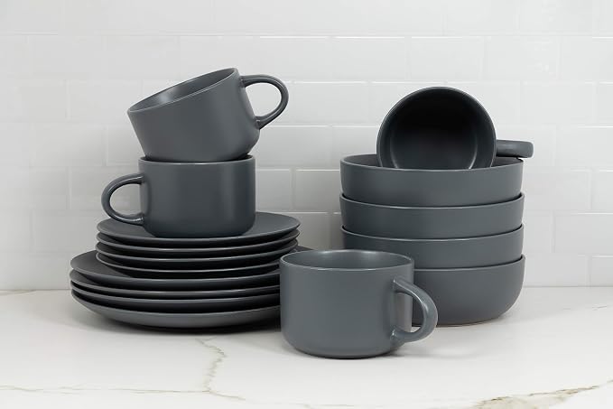 10 Strawberry Street Wazee Matte Coupe Dinnerware Set, 16 pc, Charcoal Gray