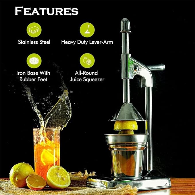 Cast Iron Juicer Hand Press, Effective Stainless Steel Manual Juicer, with Non-Skid Cup Base Effort Saving Lever for Fresh Lemonade OrangeJuice for Home and Kitchen