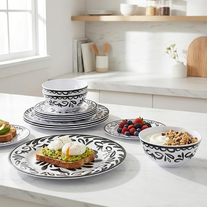 12-Piece Melamine Plates and Bowls Set - Artistic Black & White Design Dinnerware Set， Service for 4, Lightweight Melamine Dishes Set for Indoor and Outdoor Use，Black Floral