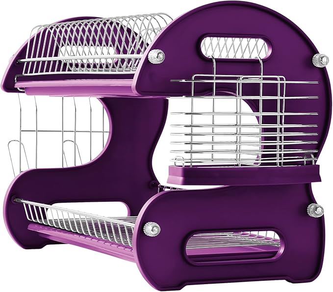 Montgomery Ward Retro 2-Tier Dish Rack, Space-Saving Design, Durable Plastic and Chrome-Plated Wire, Easy Assembly (Purple Punch)