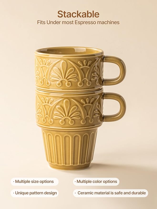 LYEOBOH Small Coffee Mug Set of 6, Stackable Mugs 3.3 OZ Ceramic Espresso Cups, Microwave & Dishwasher Safe Coffee Mugs Cups for Coffee Tea Cocoa, Modern Design for Home Kitchen, Housewarming, Khaki