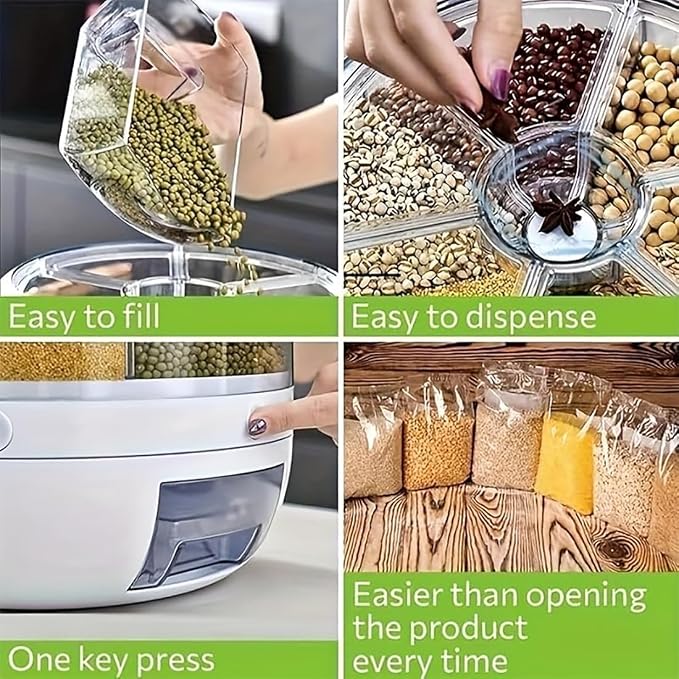 Rotating Grain Storage Bin 6 Grids Rice Container One-Click Output Large Capacity Food Dispenser For Rice Grains Sealed Moisture Proof Organizer (Grey) (Large)