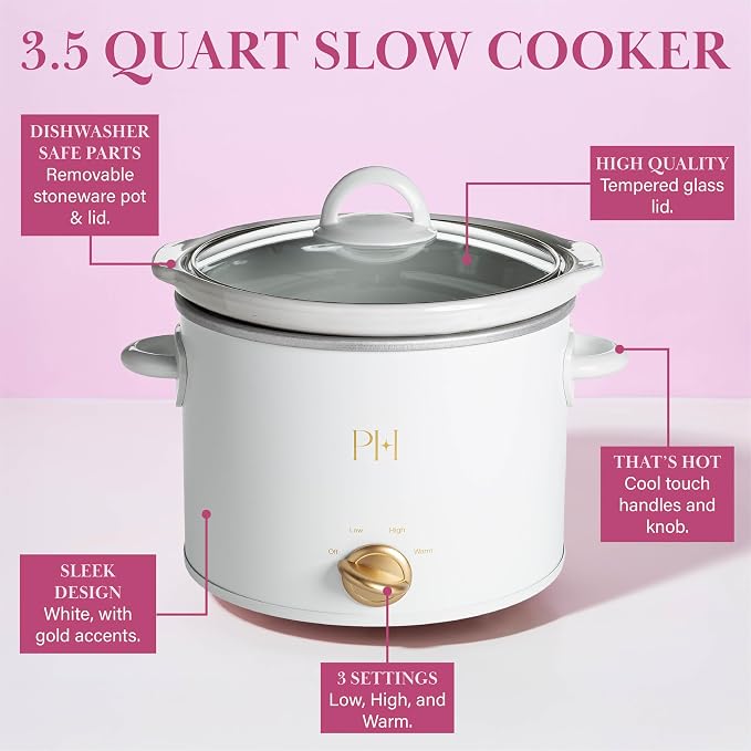 Paris Hilton 3.5-Quart Manual Slow Cooker, Naturally Nonstick Stoneware Ceramic Insert, Three Settings (Low, High, Warm), Dishwasher Safe Family Size Slow Cooker, White