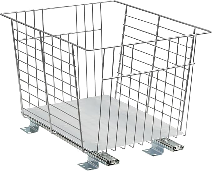 Household Essentials Glidez Steel Pull-Out/Slide-Out Storage Organizer with Plastic Liner for Under Cabinet or Wire Shelf Use - Produce Bin Design - Fits Standard Size Cabinet or Shelf, Brushed Silver