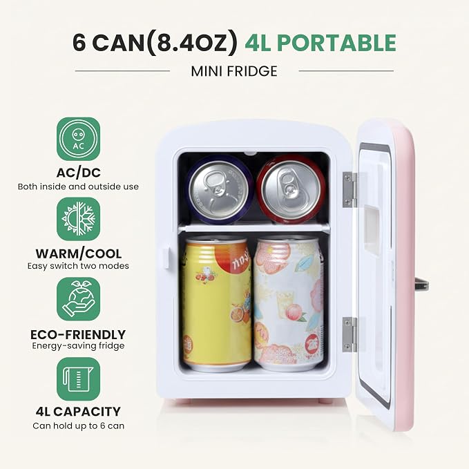 Simple Deluxe 4L/6 Can Mini Fridge with Observation Window, Portable Cooler & Warmer Freon-Free Small Refrigerator, Compact for Skincare, Beverage, Food, Cosmetics, Pink