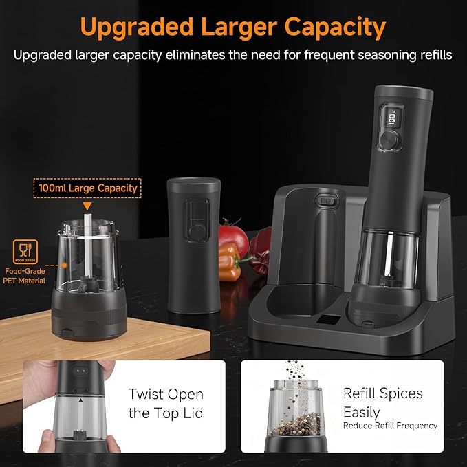 Electric Salt and Pepper Grinder Set,2 Pack Rechargeable Automatic Pepper Mill,with Charging Base,5 Level,Display,LED Lighting,Large Capacity,Kitchen Gift (2, Black, Charging Base)