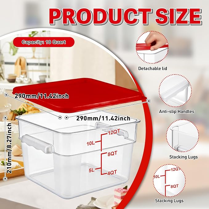 2 Pack Square Food Storage Container With Lid,12-22 Quart Commercial Storage Box With Scale & Handle,Cake Making,Dough Marinating Meat,Kitchen Supplies (Polycarbonate, 12 Quart)