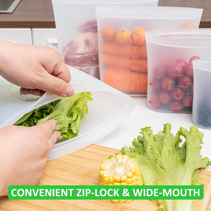 Premium Silicone Reusable Storage Bags, Large-Size Set, 8 Pack, 100% Platinum Silicone Food Storage Bag Stand-Up Wide-Mouth Zip-Lock, Microwave Dishwasher Freezer Safe, 4 XL + 4 L, Crystal-Clear