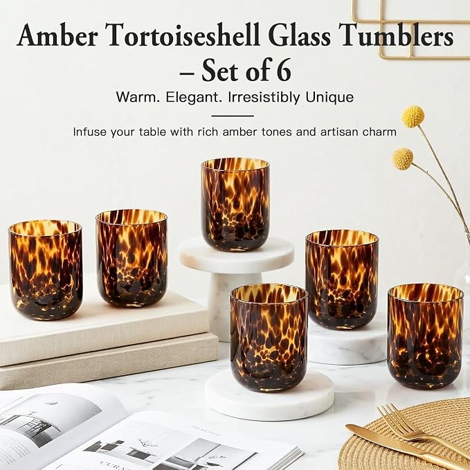 Tortoise Shell Drinking Glasses Set of 4, Brown Decorative Tortoise Shell Tumbler Cups for Wine & Drinks，Drinking Glasses for Wedding Gifts, Housewarming, Cocktail Party (6, 10oz)