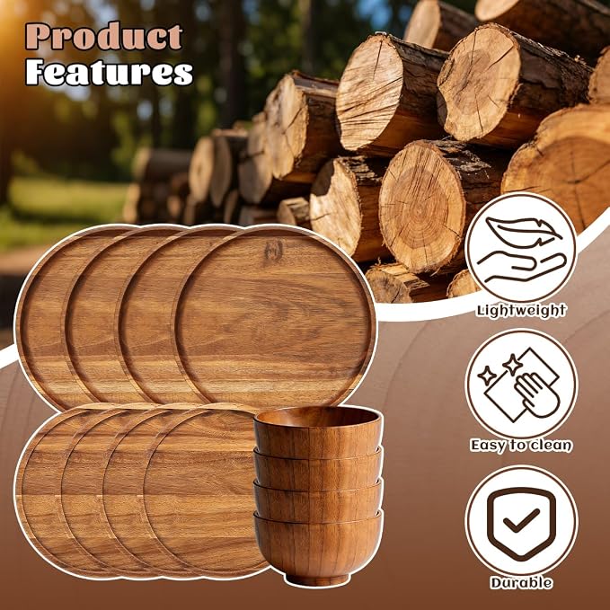 12 Pcs Wood Dinnerware Set,8 Inch 10 Inch Round Wooden Plates and wooden bowl,4 Person Set of Wooden Dinner Ware Set for Main Meals,Snacks and Desserts