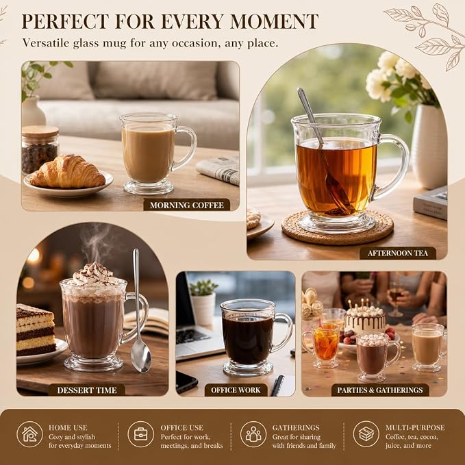 6 Pack Glass Coffee Mugs with 6 Spoons, 15 OZ Clear Drinking Glasses with Handle, Large Espresso Cup, Hot Cold Beverage Glassware Set for Water, Tea, Cappuccino, Latte, Juice, Cocoa, Milk