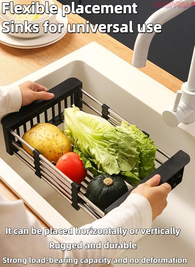Kitchen Sink Drain Basket Adjustable Over Dish Drying Rack Stainless Steel Drain Basket for Vegetables Fruits Plates Fruits (Black,Small)