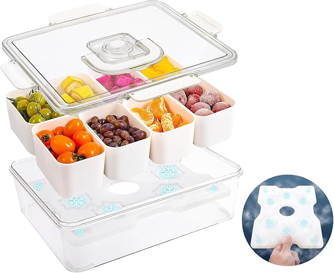Snackle Box Container With Ice Pack，Chilled Serving Tray，Snackle Box With Ice Pack & Lid & 8 Compartments