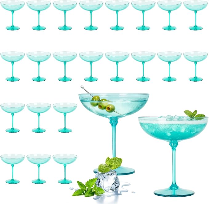 LemonRoad 24 Pcs Plastic Coupe Glasses 9 oz Disposable Martini Glasses for Cocktails, Champagne, Desserts and Espresso, Drinkware Set for Weddings, Birthday Parties, Home Bars (Light Green)