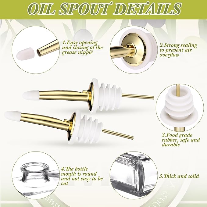 Reallnaive 3 Sets Olive Oil Dispenser Bottles for Kitchen with Nozzles Funnel Labels Cooking Oil Dispenser 500ml Set for Kitchen Vinegar Coffee Syrup (Gold)
