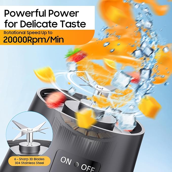 Portable Blender for Shakes and Smoothies - Newly Upgraded 13 Oz Mini Blender with 6 Blades, USB & Type-C Rechargeable, Suit for Making Fresh Juice, Convenient for Travel Sports
