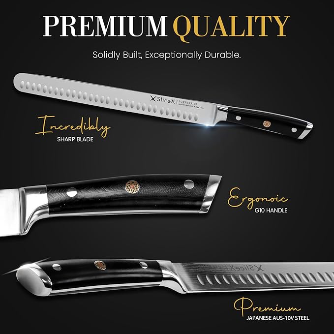Luxury Brisket & Carving Knife - Thoughtful Gifts for Men and Dad - 12" Japanese AUS-10V Damascus Steel - 63+ HRC - Razor Sharp, Full Tang, Military Grade Ergonomic Handle