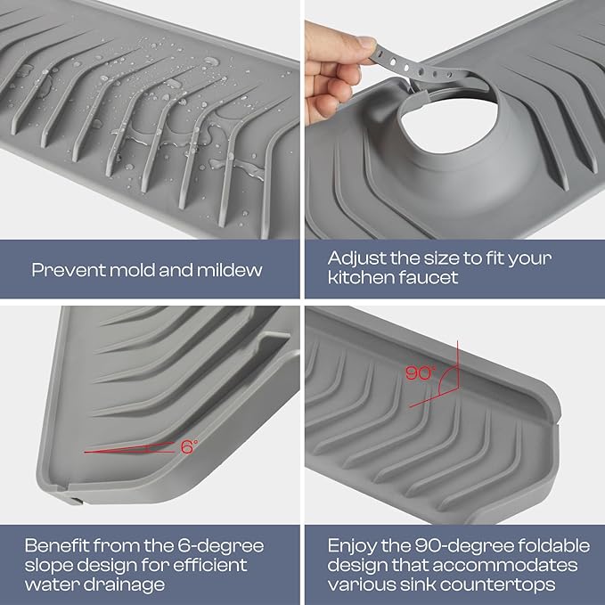 ElmRidge Upgraded 30 inch Farm Sink Splash Guard with Faucet Handle Drip Catcher Tray-Large Size Silicone Sink Faucet Mat for Extra Long and Thick Design Faucet Splash Guard for Kitchen Sink Gray