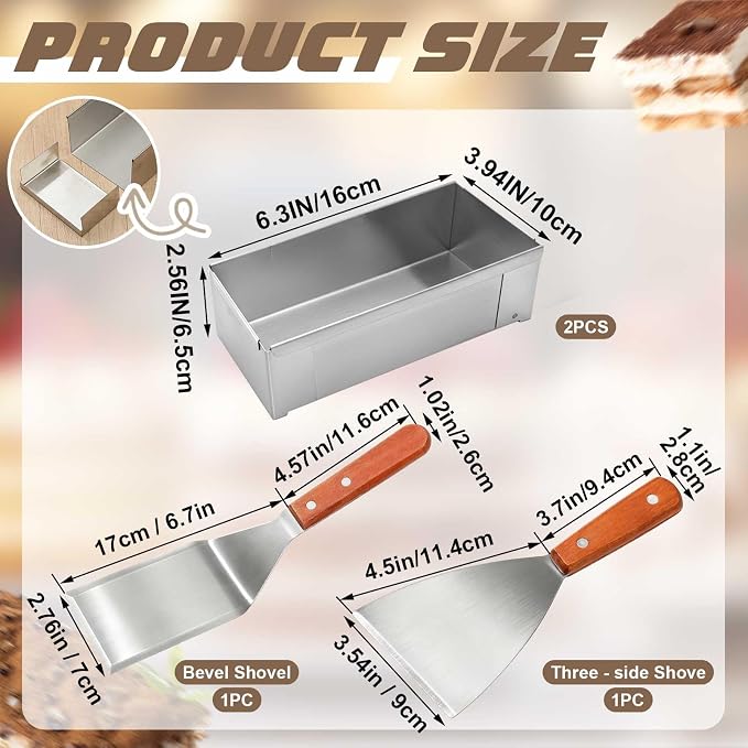 Blushtier 2 Pcs Nonstick Rectangle Tiramisu Cake Pan with Acrylic Lid and 2 Metal Spatula Removable Frame 304 Stainless Steel Cake Baking Molds for Tiramisu Cheesecake Mousse (6.3 x 3.94 x 2.56 Inch)