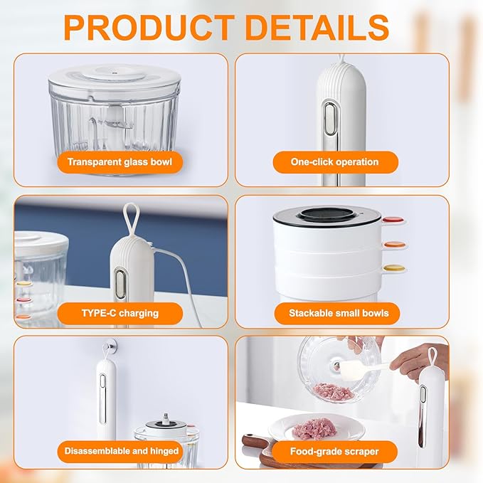 Glass Food Processor, Cordless Electric Meat Grinder with 2 Blades & 4 Bowls (8 Cup+3x0.5 Cup) Compact Food Chopper for Meal Prep Baby Food Sauces