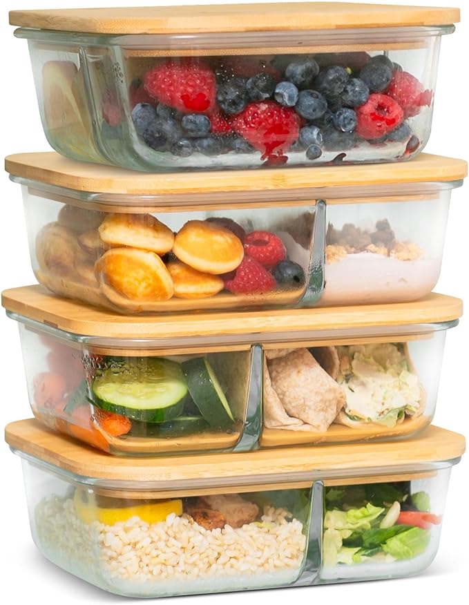 Crutello Glass Storage Containers with Bamboo Lids - Eco-Friendly Non Toxic Meal Prep Jars with Wooden Lid for Fridge and Kitchen Organization - Non Plastic Container for Fruit Bowls - 48 oz - 4 Pack