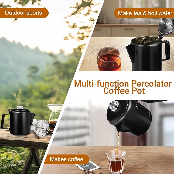 No Coating 12 Cup Percolator Coffee Pot 304 Stainless Steel Moka Pot Stovetop Espresso Maker Italian Greca Cuban Machine 2200ml 74.4oz Suitable for Gas Induction Stovetop Camping Kettle